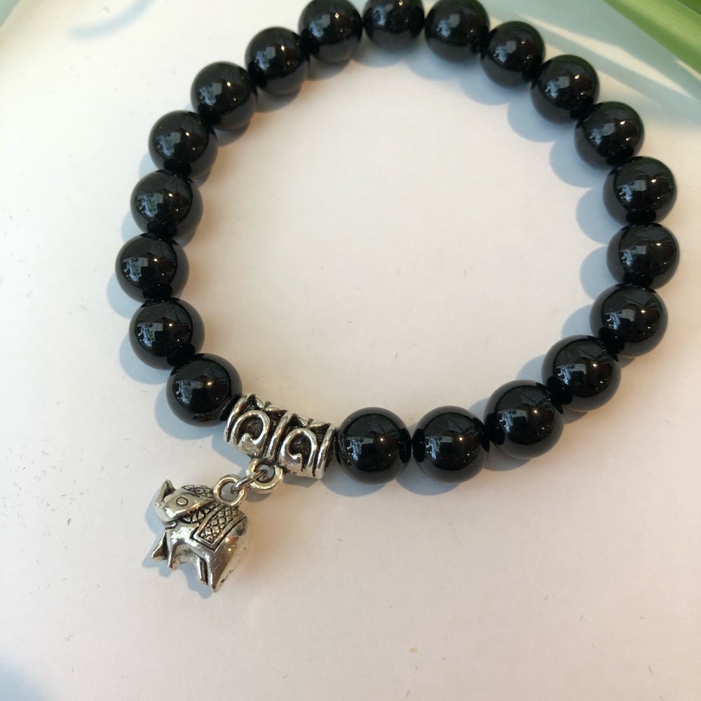 Black Jade bracelet with silver elephant charms